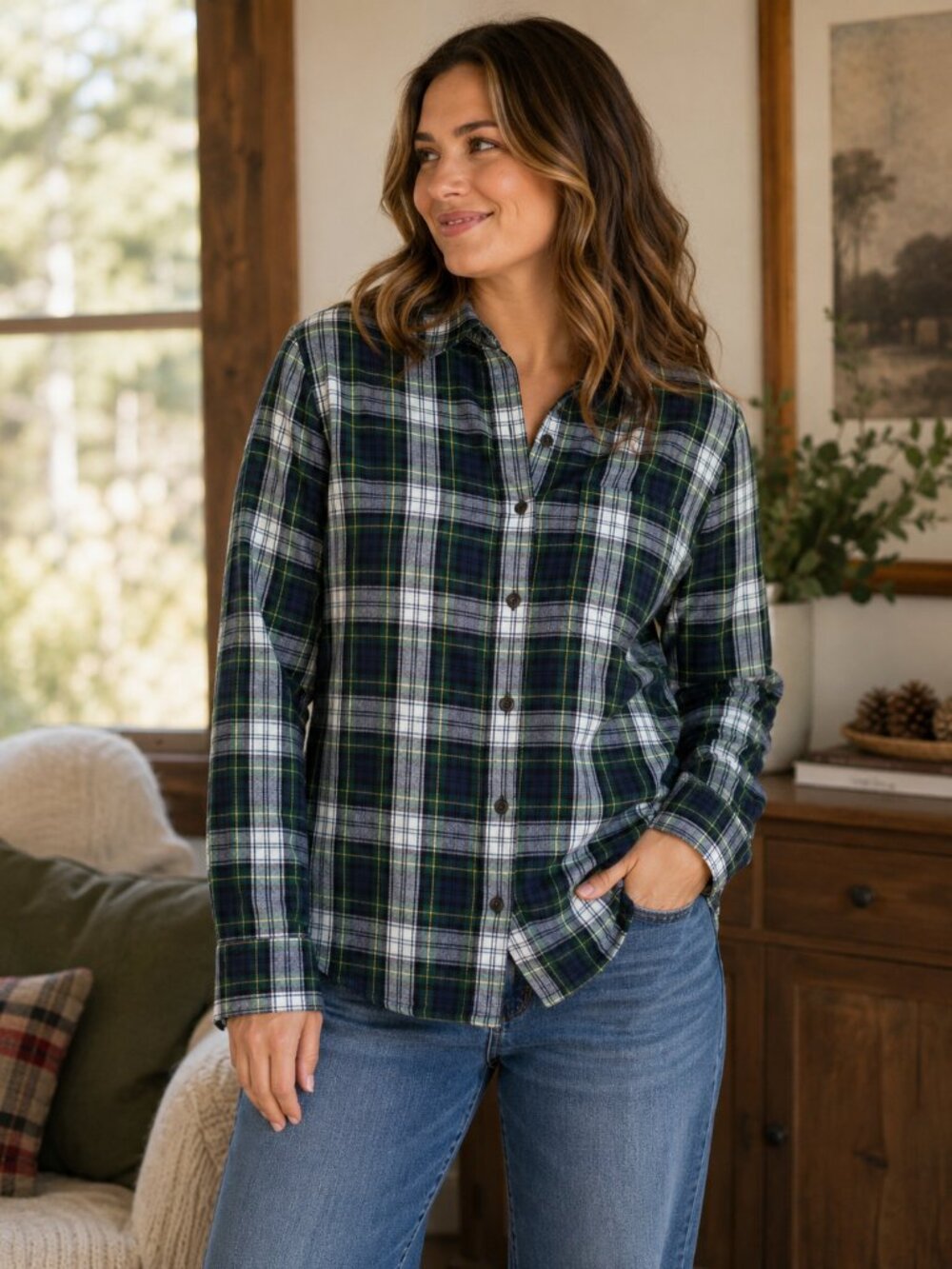 L.L.Bean Scotch Plaid Flannel Shirt XL Petite 100% Cotton Slightly Fitted